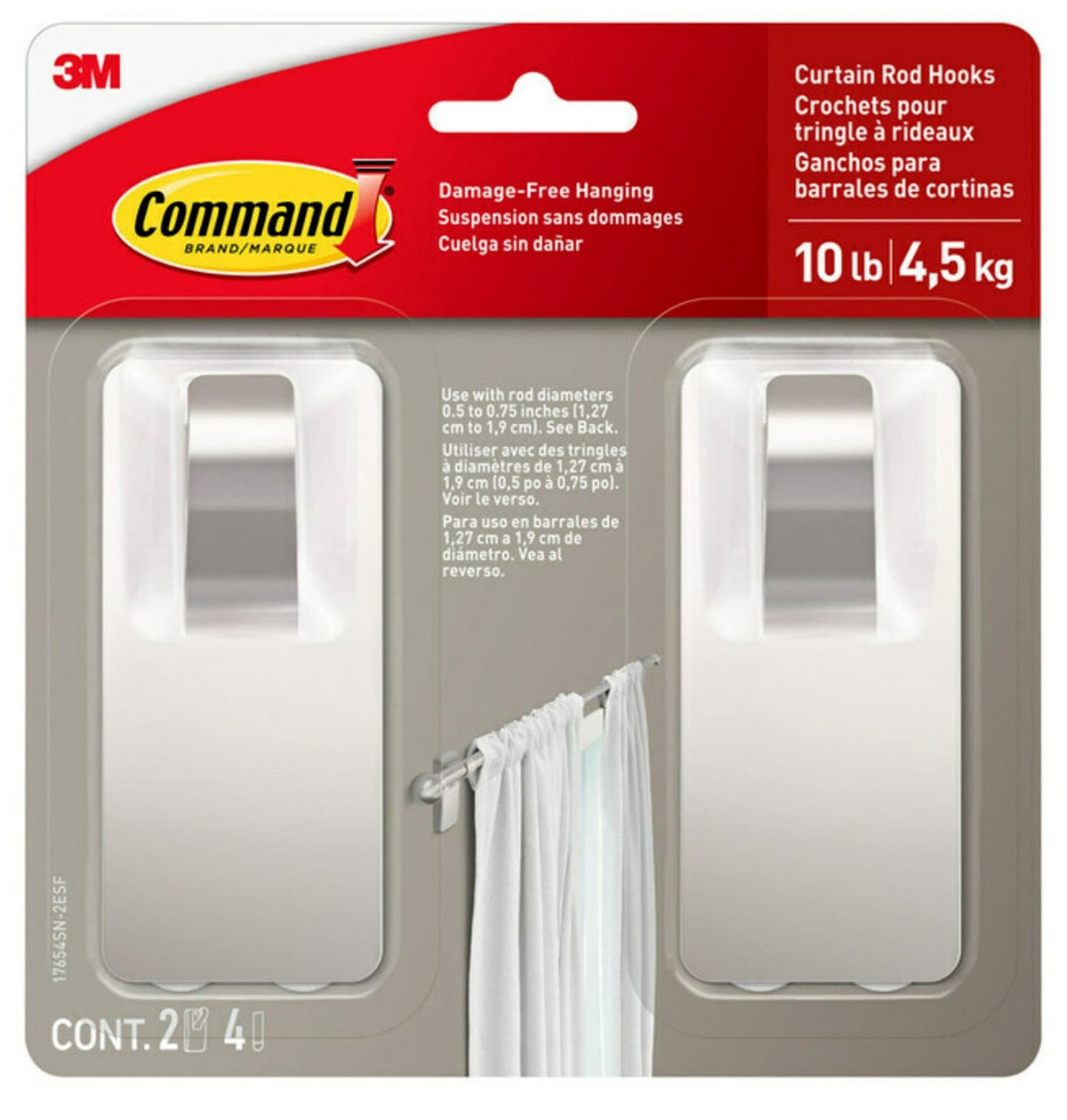 2-Piece 10-lb Satin Nickel Damage Free Curtain Rod Hooks