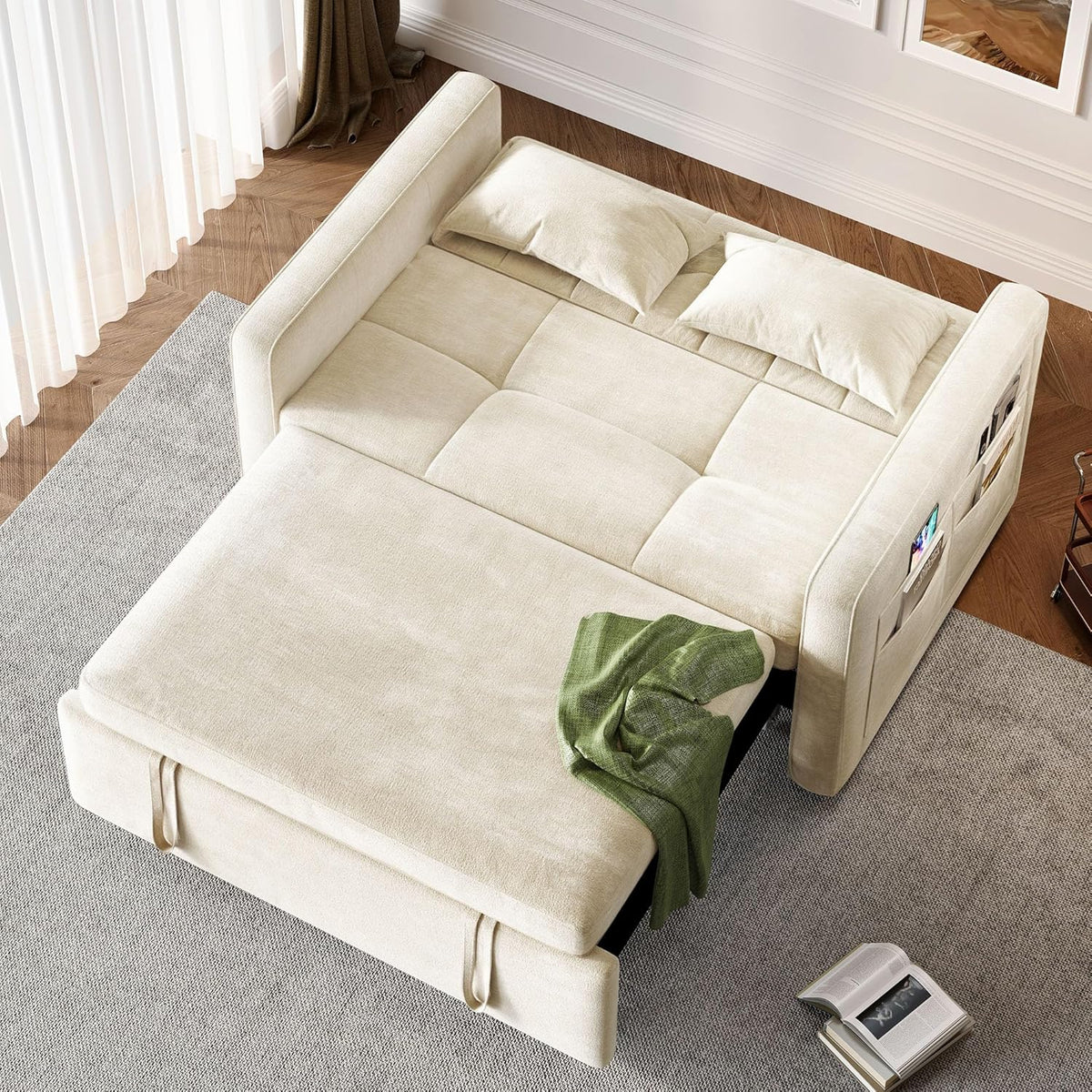 3-in-1 Convertible Sofa Bed, 55" Sleeper Sofa with Pull-Out Bed, Cat-Scratch-Proof Fabric Futon Couch with Adjustable Backrest and Side Pocket, Loveseat Room Apartment, Grey