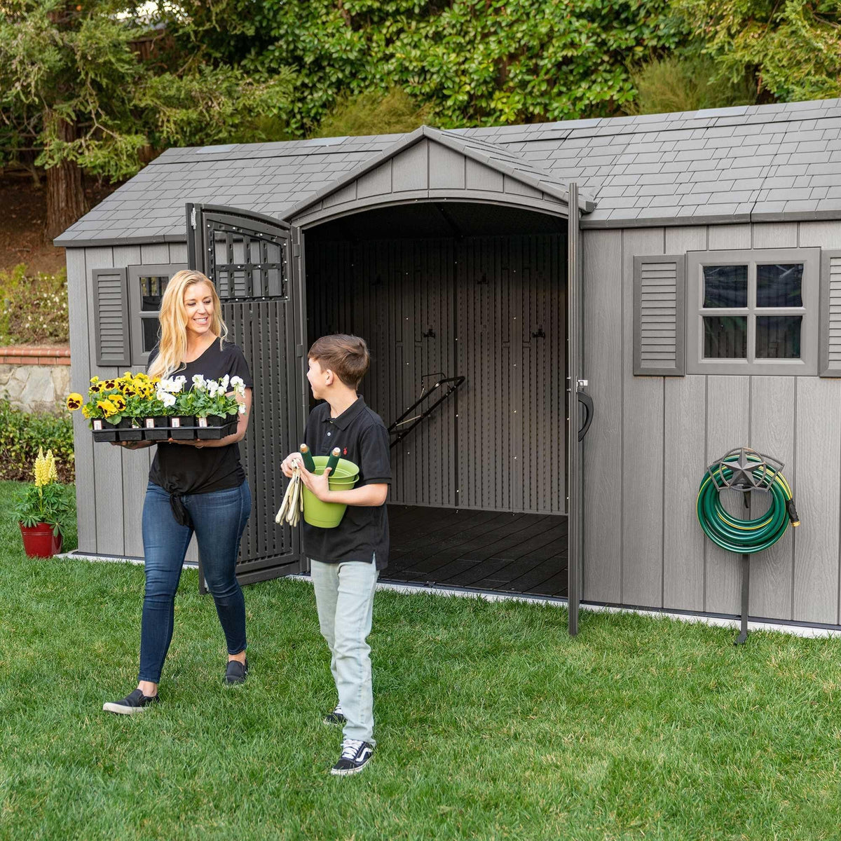 Outdoor Storage Shed with Dual Side Entry, Dark Grey Roughcut, 15 x 8-ft