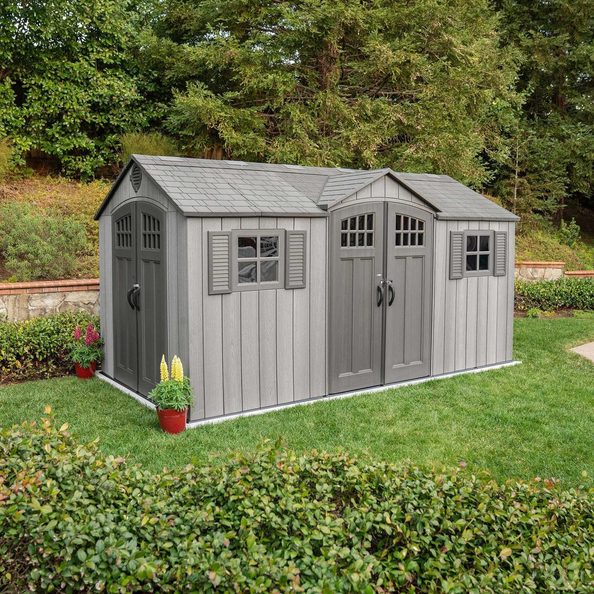 Outdoor Storage Shed with Dual Side Entry, Dark Grey Roughcut, 15 x 8-ft