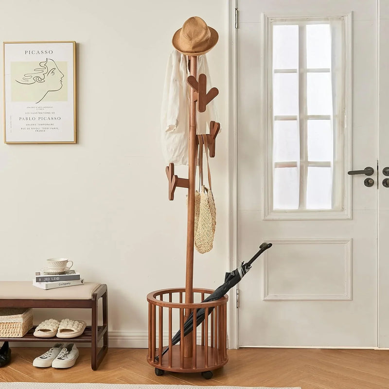 Wood Coat Rack Freestanding - Wooden Coat Tree Hat Rack with 12 Hooks, Clothes Coats Hanger Stand Rolling Racks with Umbrella Holder Wheels for Bedroom Entryway Hallway Livingroom (Walnut) C3492
