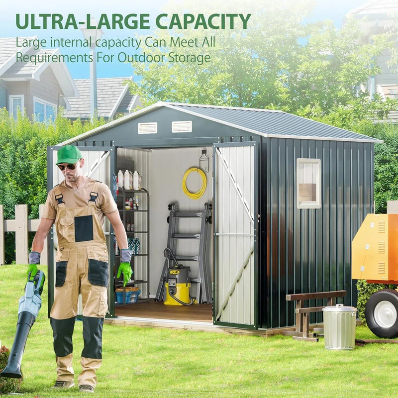8x6FT Outdoor Steel Storage Shed with Clear Window, Lockable Doors, Weather-Resistant Metal Tool Shed for Garden, Backyard, Patio, and Utility Storage S7151
