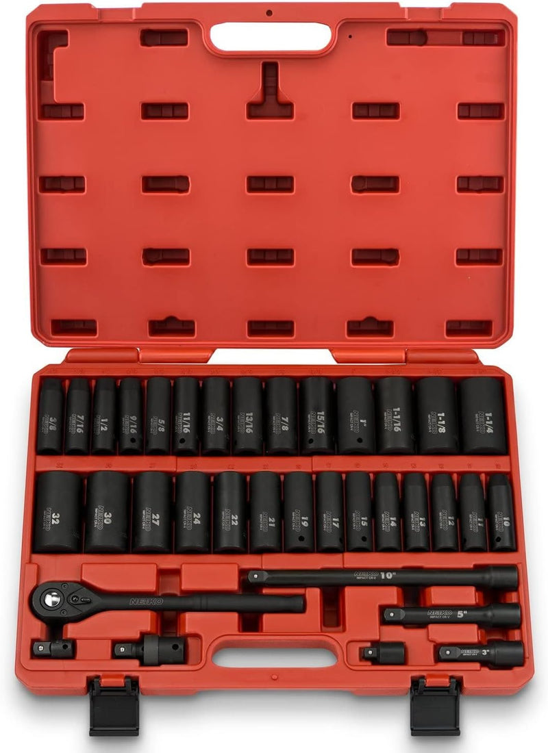02448A 1/2" Drive Master Impact Socket Set, 65 Piece, Standard SAE (3/8"-1-1/4") & Metric (10-24 mm) Sizes, Deep & Shallow Kit, Includes Adapters & Ratchet Handle O8121