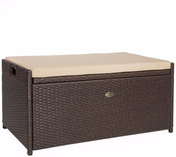 Barton Outdoor Storage Bench Rattan Style Deck Box Wicker Patio Furniture Water Resistance w/Seat Cushion, 60-Gallon, Brown J6772