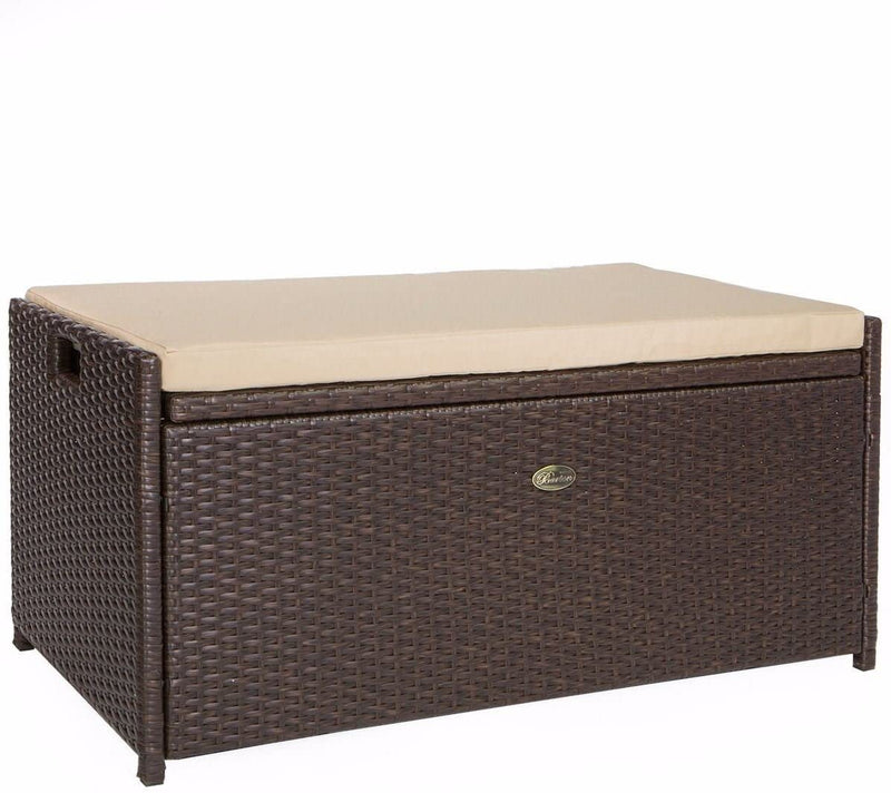 Barton Outdoor Storage Bench Rattan Style Deck Box Wicker Patio Furniture Water Resistance w/Seat Cushion, 60-Gallon, Brown J6772