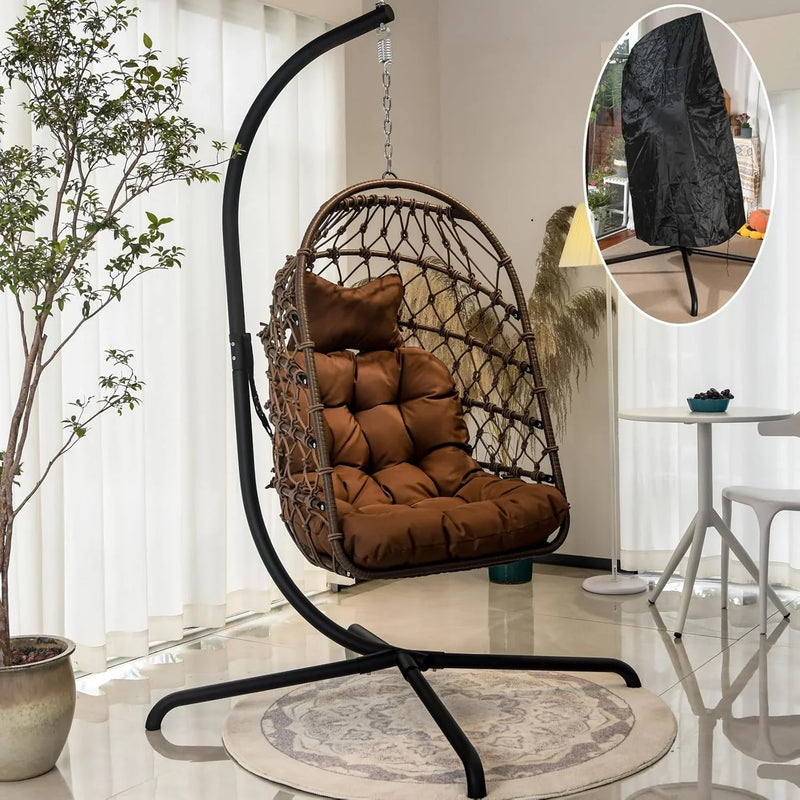 Indoor and outdoor egg-shaped rocking chairs with frames and covers, garden rattan hanging chairs, capacity 450 pounds, with UV-protective cushions, suitable for bedrooms, outdoor balconies, courtyards or living rooms (dark gray) Q6268
