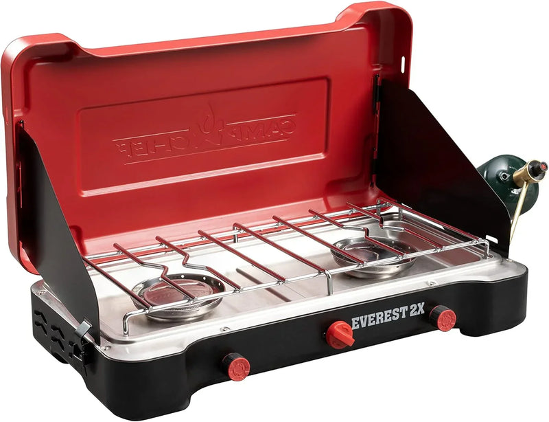 Camp Chef Mountain Series Everest 2X - High Output Two-Burner Camp Stove - Lid Doubles as Windscreen - Portable Cooking Stove - For Outdoor Cooking - 20,000 BTU Burners - 215 Sq In Cooking Area U4670