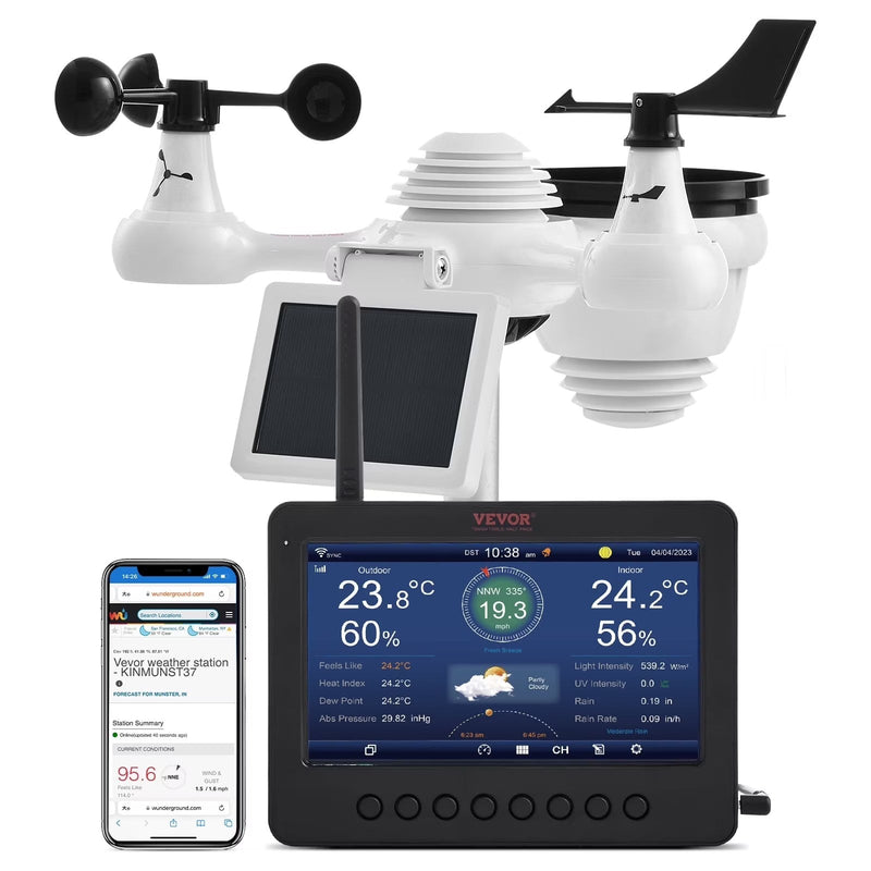 VEVOR 7-in-1 Wireless Weather Station with Wi-Fi,7 in TFT Colorful Display, Solar-Powered Outdoor Sensor, Indoor Outdoor Monitoring, Includes... B6313