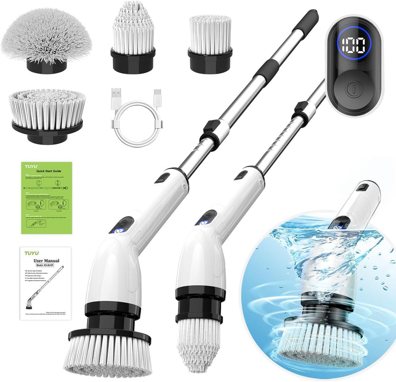 Electric Spin Scrubber, Full-Body IPX7 Waterproof Bathroom Scrubber with Power LCD Display, Adjustable Extension Handle, Cordless Shower Cleaner Brush for Bathtub Kitchen Wall Cleaning Y6506