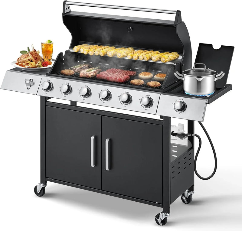 Upgraded 4 Burner BBQ Propane Gas Grill with Cast Iron Grates & Side Stove, 44,000 BTU Stainless Steel Burner Barbecue Grill for Patio, Camping, Outdoor Cooking MELLCOM Q0519