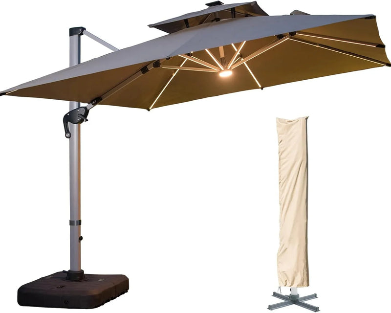 A 10-foot by 10-foot square cantilevered sunshade, equipped with a cross base and canopy, is included - a large heavy-duty outdoor sunshade, 360° rotating offset type, suitable for use in courtyards, backyard of swimming pools, terraces or G6907
