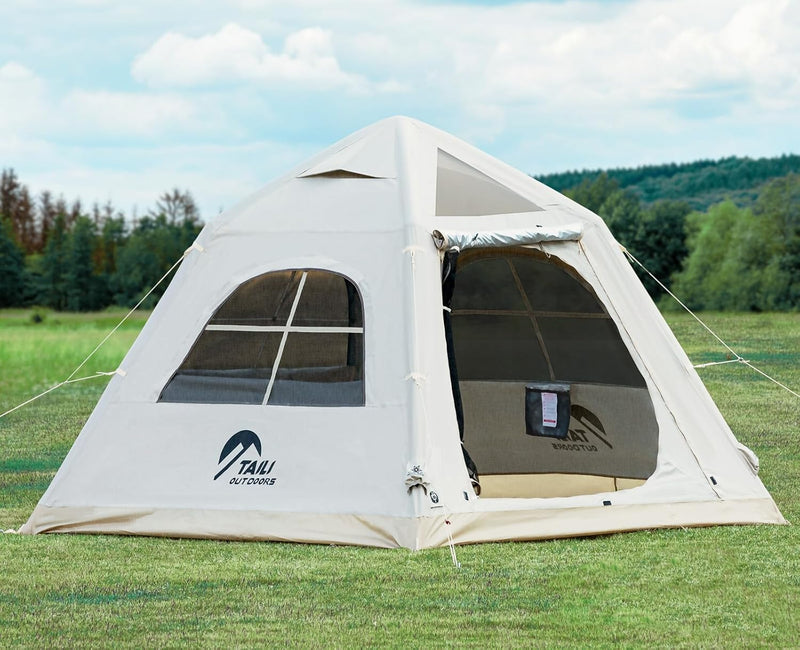 Portable inflatable camping tent, equipped with a manual pump, suitable for 3/4/6 people, easy to set up, suitable for outdoor activities. This inflatable outdoor waterproof Oxford canvas tent is suitable for family camping and is suitable Y1087