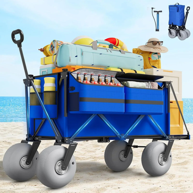 Beach Wagon with Big Wheels for Sand - 450lbs Load Heavy Duty Wagons Carts Foldable with 9" All Terrain Inflatable Tires, Collapsible Beach Cart for Grocery Shopping Garden Sports Camping Outdoor J2918