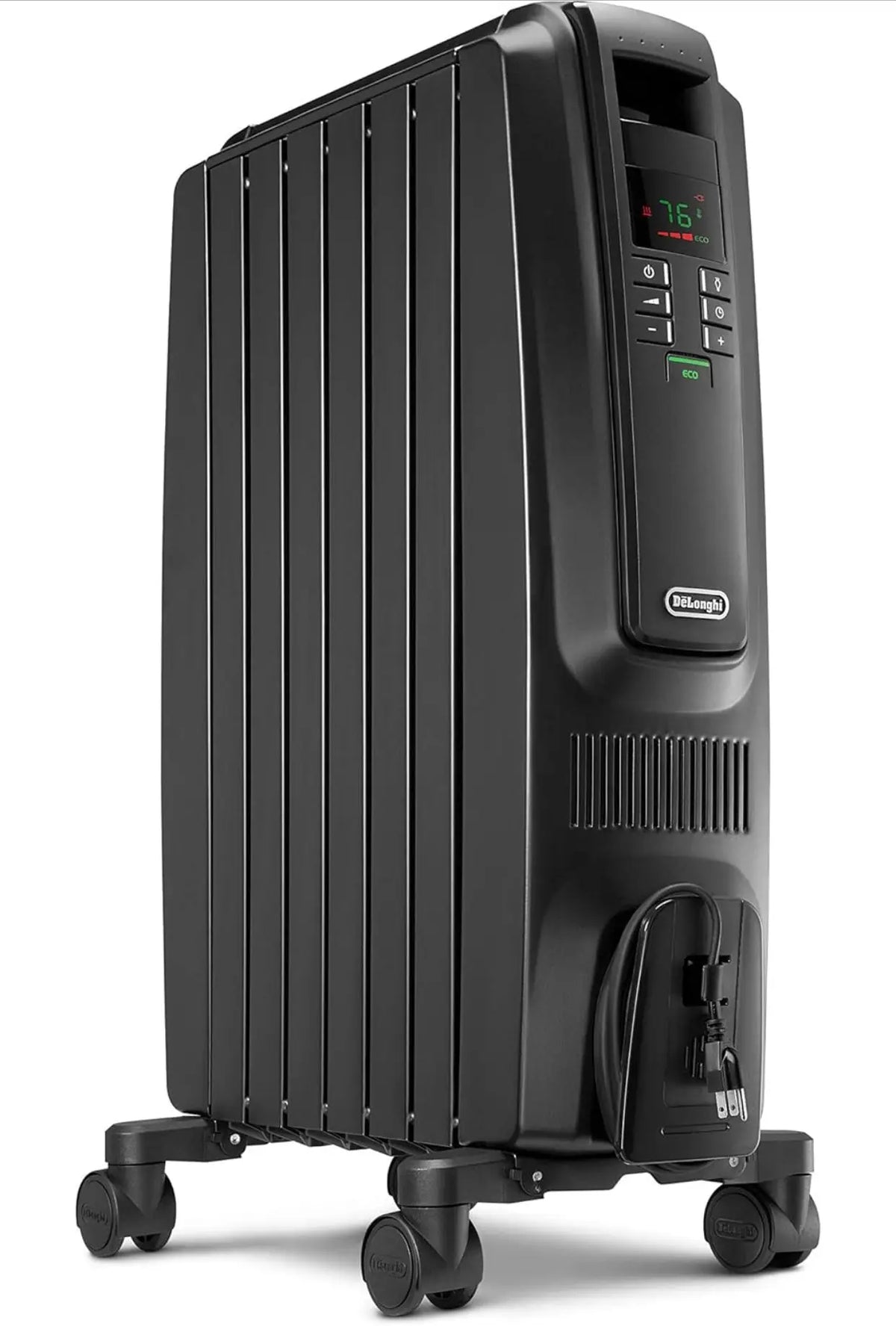 Oil Filled Radiator Space Heater, Quiet 1500W, Adjustable Thermostat, 3 Heat Settings, Timer, Energy Saving, Safety Features, White, Dragon TRD40615EBKCA, Black