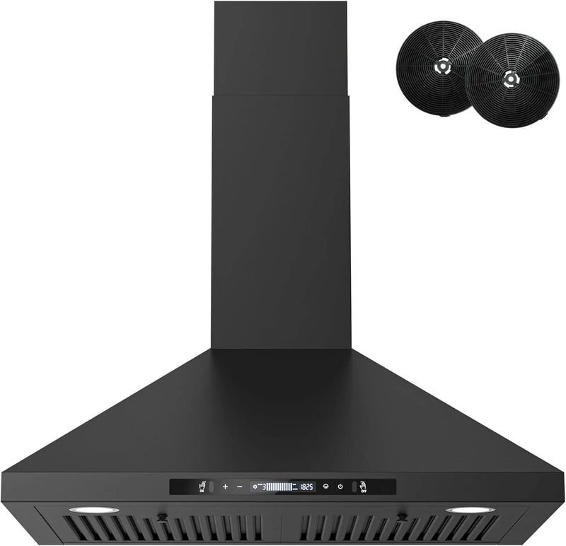 Wall-mounted black kitchen exhaust hood, 30 inches, 900 cubic feet per minute, built-in exhaust duct, three-speed exhaust fan, gesture/touch control, timer function, two baffles filters, stainless steel stove exhaust hood Q6876
