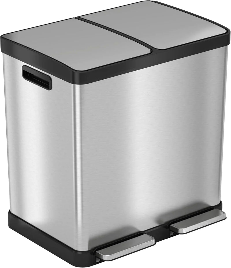 16-gallon contact-free trash and recycling bins, made of stainless steel, with a double compartment design (each compartment holds 8 gallons), suitable for recycling and waste disposal in the kitchen. J3391