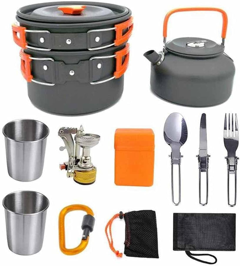 Camping cooking set - picnic cooking pot set - outdoor hiking and barbecue tableware set - camping travel supplies set including frying pan, water jug and stove O0856
