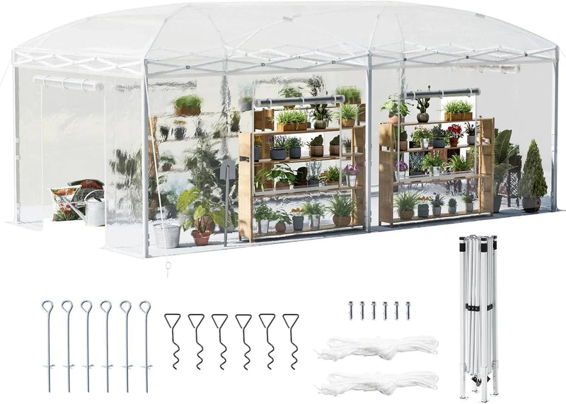 19.2×9.7×8.5 feet Outdoor upgraded retractable greenhouse with adjustable reinforced frame, portable walk-through greenhouse, equipped with 2 rollable zipped doors and mesh windows, PE shell, white H6206