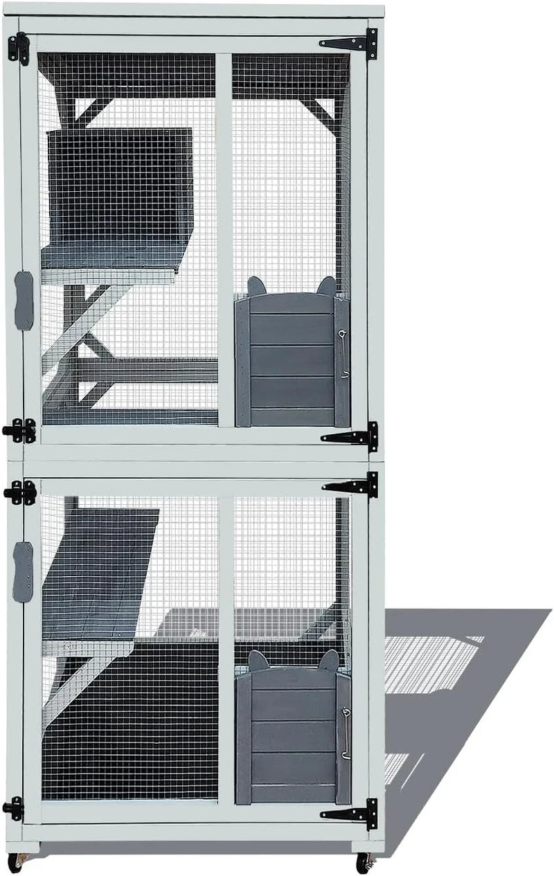 62.6-inch wooden outdoor cat house, large cat cage room, equipped with 7 platforms, 2 rest boxes and a rainproof roof, suitable for multiple pets to use. Step-in cat apartment shelter, white model O3528