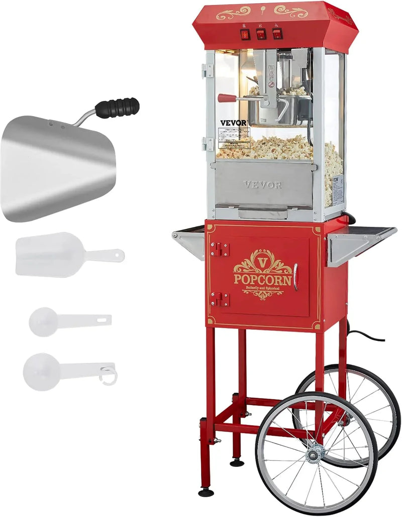 Popcorn machine, 12-ounce pot capacity, 1440-watt countertop popcorn machine, can produce 80 cups per batch, cinema-style popcorn machine, equipped with 3 switches for control, steel frame, tempered glass door, 1 pot, 2 spoons, red version P0395