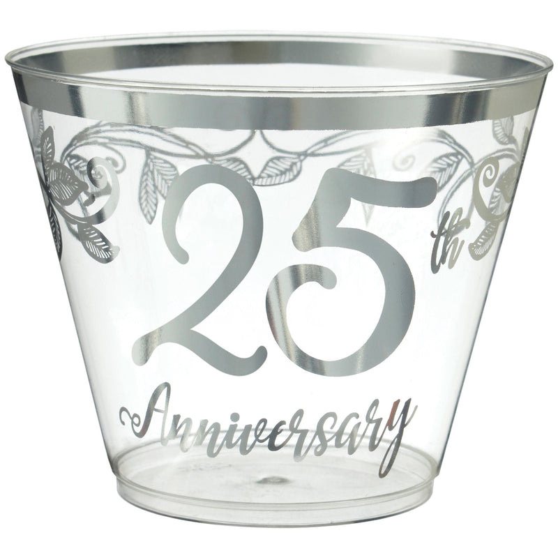 "25th Anniversary" Bordered Trimmed Plastic Reusable Tumbler Cups, Clear/Silver, 9-oz, 30-pk, for Anniversary Party C3300