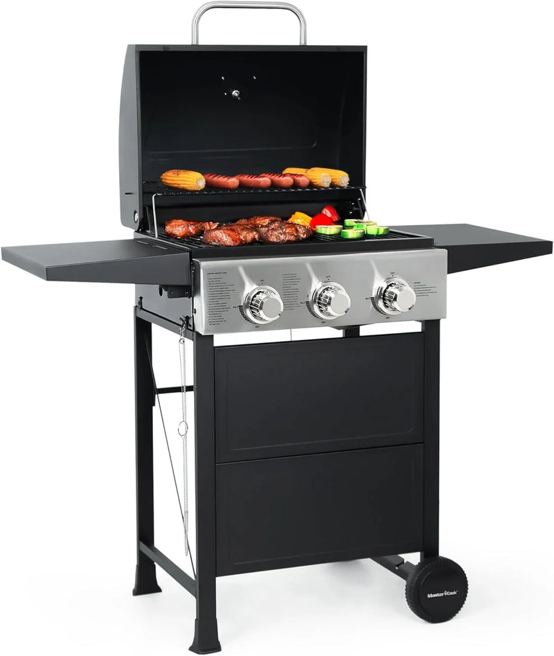 Burner BBQ Propane Gas Grill, Stainless Steel 30,000 BTU Patio Garden Barbecue Grill with Two Foldable Shelves E7295