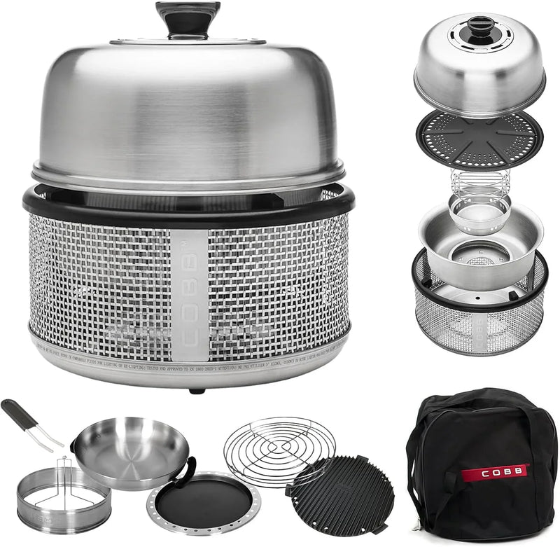 Stainless steel non-smoking portable tabletop charcoal grill with a frying pan, an outdoor barbecue grill with 10 functions, suitable for camping, boats and RVs, is the perfect combination for an outdoor kitchen (fully equipped) M9247