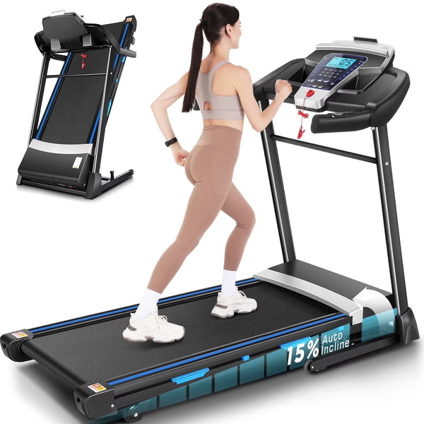 ANCHEER Folding Treadmill with 15% Auto Incline,3.25HP Ultra-silent Motor, Speed Range of 0.6~10MPH,300lb Capacity, APP Wireless... P5639