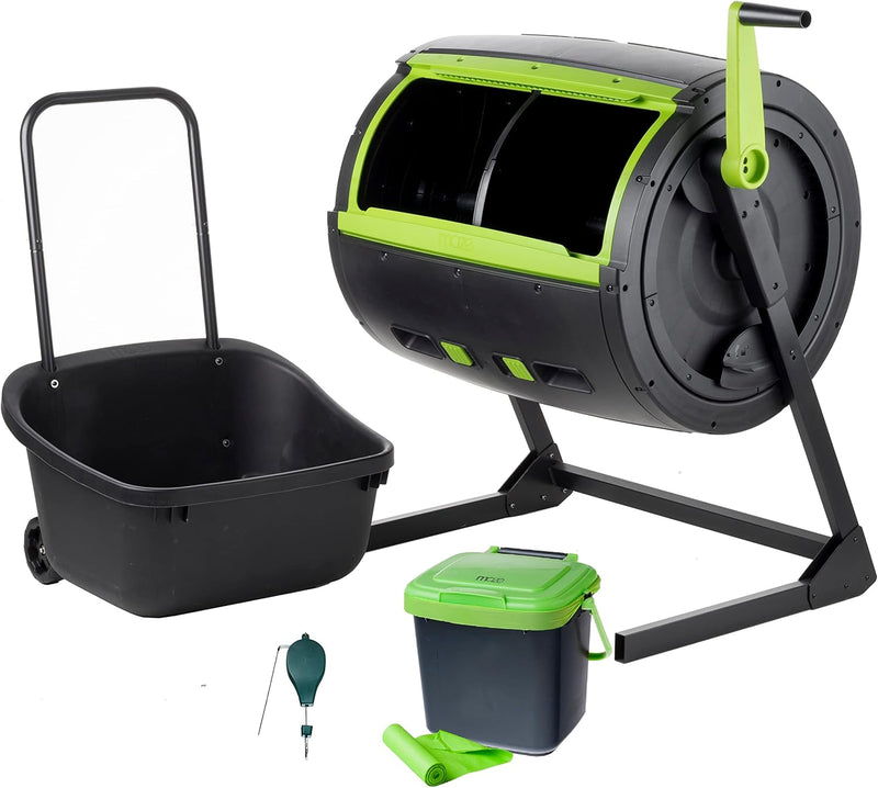 Two 65-gallon two-stage composting drums, equipped with large double doors and an open frame, are also provided along with a maze-style compost cart, a 1.85-gallon kitchen trolley-style compost bin, three rolls of corn bags, and a retractable plant t V555