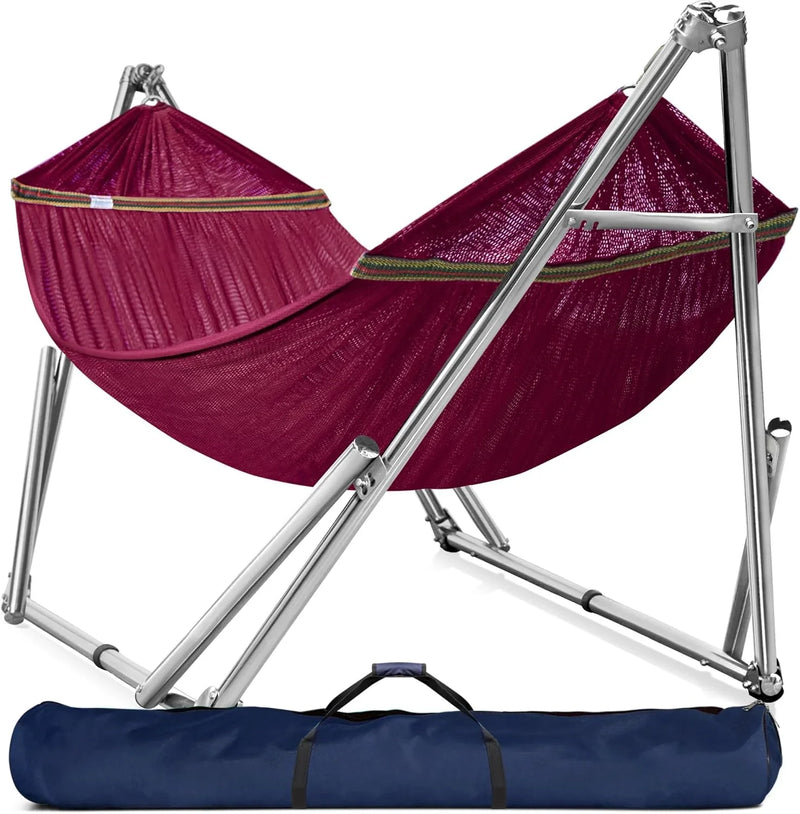 Double hammock with frame, with a load capacity of 650 pounds, double hammock with support rods, made of high-quality 201 stainless steel, assembled in 30 seconds, sturdy and flexible portable hammock frame, suitable for outdoor and indoor X2557