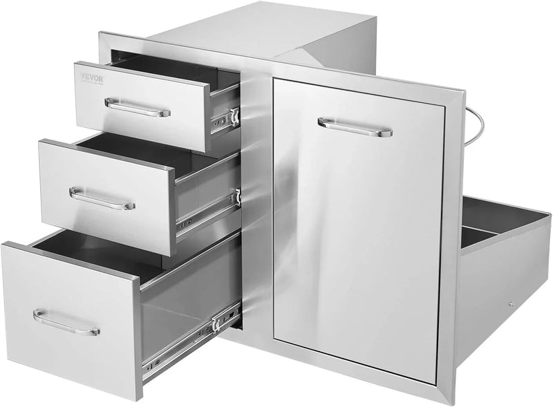 Pull Out Trash Drawer 13.4"W x 25.7"H x 19.6"D Lower Sliding Rails Stainless Steel Roll Out Trash Bin Pull Out Tray Outdoor Kitchen Trash Drawer with Handle for BBQ Island Grill Station M5220