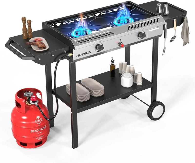 2 Burner Outdoor Propane Gas Stove with Griddle, Auto-ignition, Regulator & Side Shelves, 150,000 BTU Powerful Stand Cooker for Backyard Cooking Home Brewing Canning Frying Grilling I5991