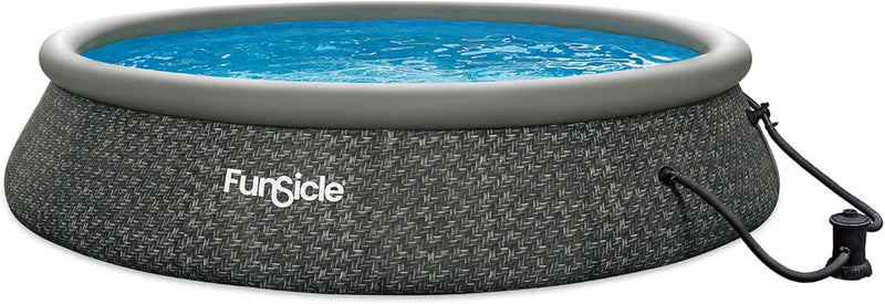 12 Foot by 36 Inch Quickset Round Inflatable Ring Top Outdoor Above Ground Swimming Pool Set with Pump and Cartridge Filter, Dark Herringbone J9200