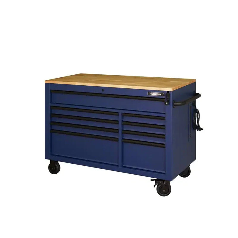 Heavy-Duty 52 in. 9-Drawer Mobile Workbench with Adjustable-Height Solid Wood Top in Matte Blue U9030