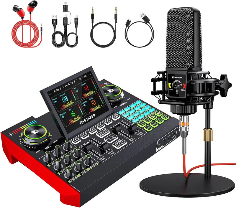 Podcast Equipment Bundle,with 3.5mm Condenser Microphone & Live Sound Card - Audio Mixer for Streaming, PC/Mobile Live Singing, Gaming Content Creators, Soundboard with USB Computer Interface F3529