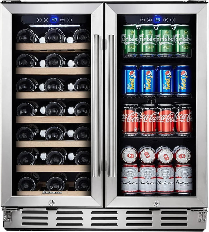 24 inch Wine Cooler, 46 Bottle - Dual Zone Built-in or Freestanding Fridge with Stainless Steel Reversible Glass Door, for Home, Kitchen, or Office. U5196