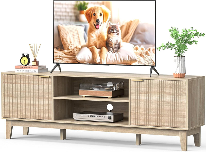 70" TV Stand Room, Fluted Mid-Century Modern TV Console for TVs up to 80 inch, Farmhouse Entertainment Center with 2 Storage, Media Console Table Room, Oak R1836