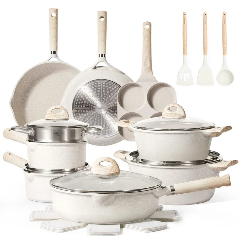 Carote Non Stick Pots and Pans Set, 21 Pcs Induction Kitchen Cookware Sets (Beige Granite) M9034