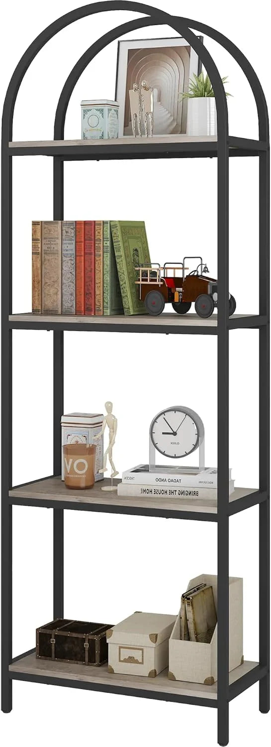 Yusong Bookshelf Rattan Arched Bookcase, 74" Tall Industrial Open Book Shelves Room, Modern Freestanding Boho 5 Tier Display Storage Rack with Metal Frame, Office, Bedroom, Burlywood O4861