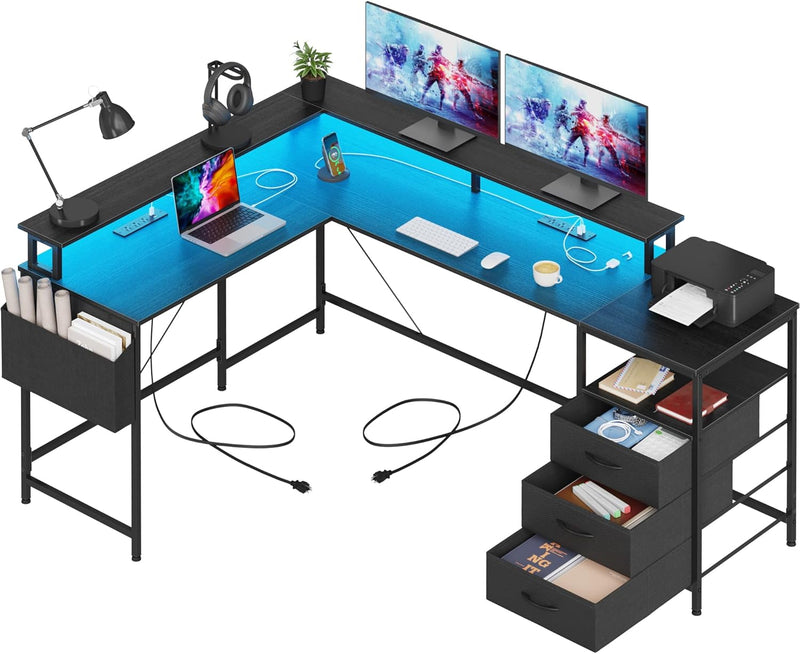 3 Drawers L Shaped Desk 63 Inch, 2 Power Strips (6 AC) and LED, Large Gaming Desk & 2 Monitor Stands, L Shape Computer Desk, Stable and Sturdy Home Office Desk, Fabric Drawers, Black Z2344