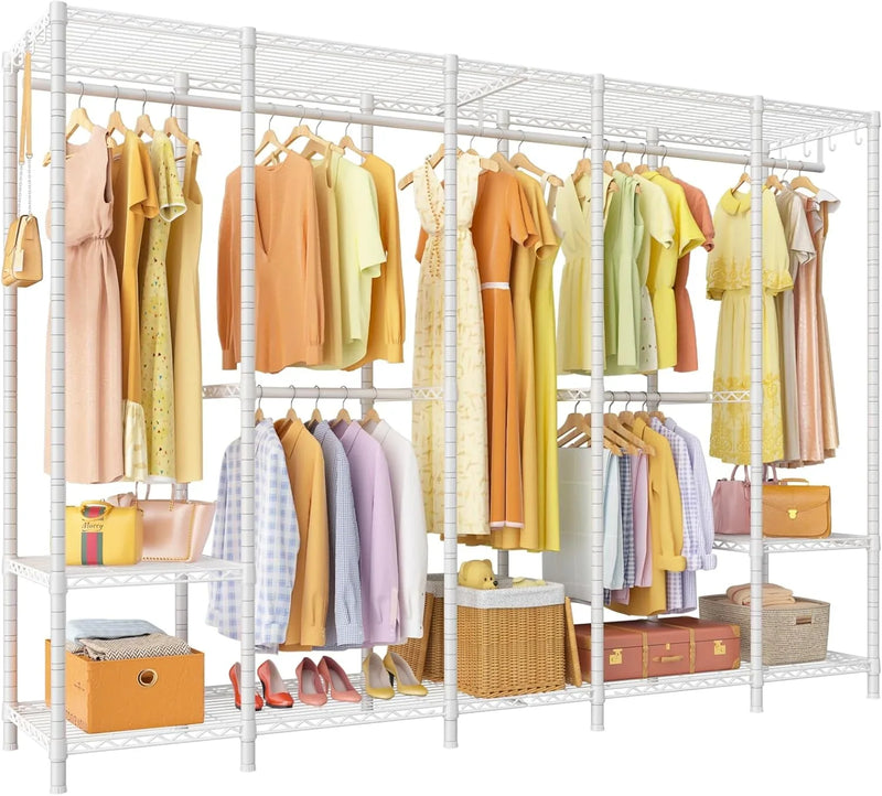 Super large clothes rack, heavy-duty clothes storage rack, standalone portable wardrobe, clothes rack for hanging clothes, 89.8 inches wide x 15.8 inches deep x 76.4 inches high, maximum load capacity of 1400 pounds, white D5531