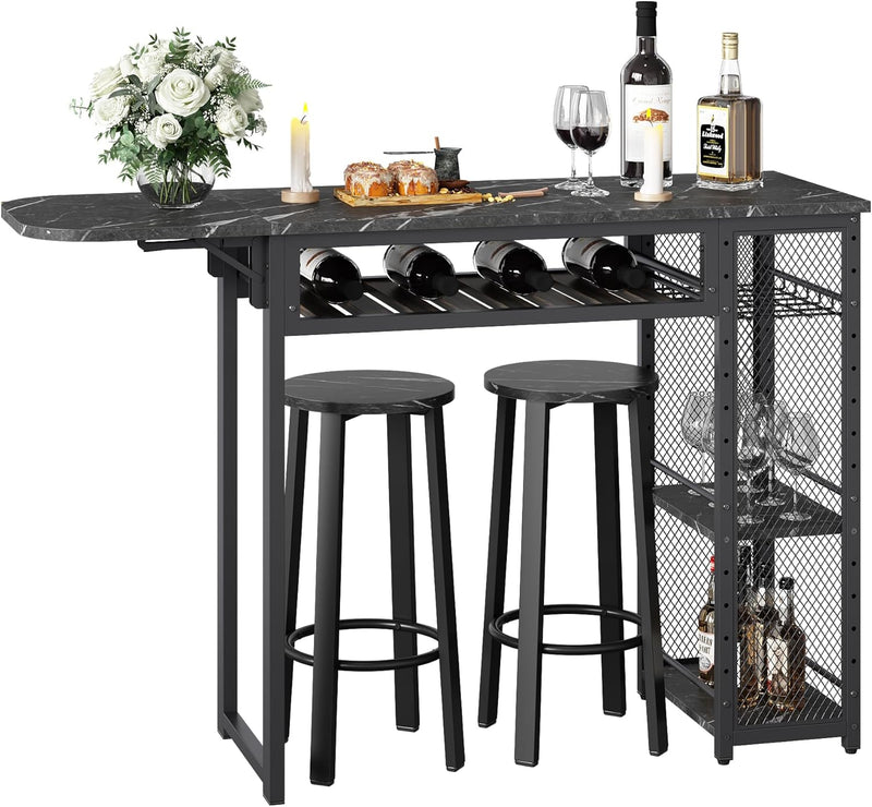 Bar Table and Chair Set, Industrial Expandable Dining Table with 2 Bar Stools, Kitchen Counter with Wine Rack & 3 Tier Adjustable Storage Shelves Rustic Brown Z8772