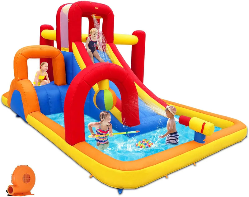 Inflatable Water Slide, 10 in 1 Water Park Bounce House with Blower, Splash Pool, 2 Slides, Water Cannon, Climbing Wall, Blow up Water Slides for Kids Outdoor Backyard X1551
