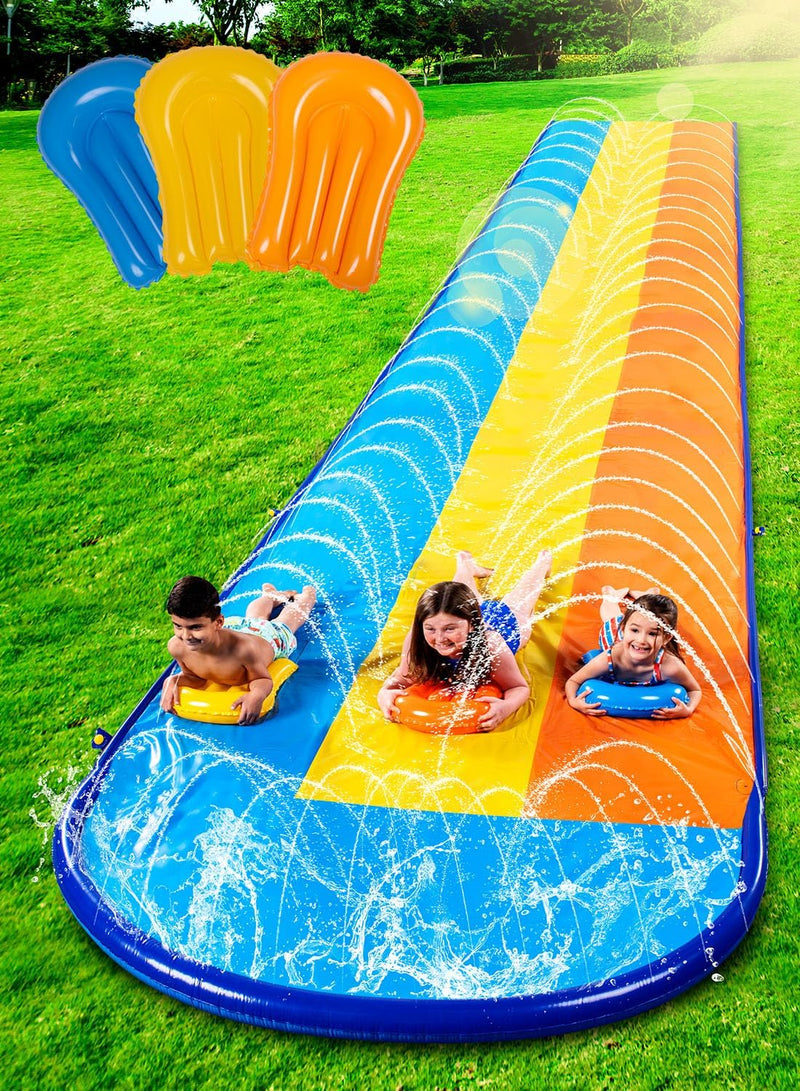 Sloosh Triple Water Slide with 3 BodyBoards, 22.5FT Lawn Water Splash Slip and Slide Summer Toy Splash Pad with Build in Advanced Sprinkler for Kids Adults Backyard Summer Water Fun T7692