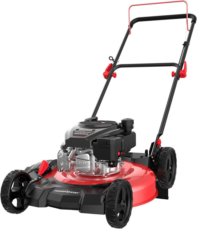 21-inch gas-powered lawn mower, equipped with a 144cc four-stroke all-terrain engine, featuring both crushing and side-discharge functions, with adjustable cutting height ranging from 6 positions. L3621