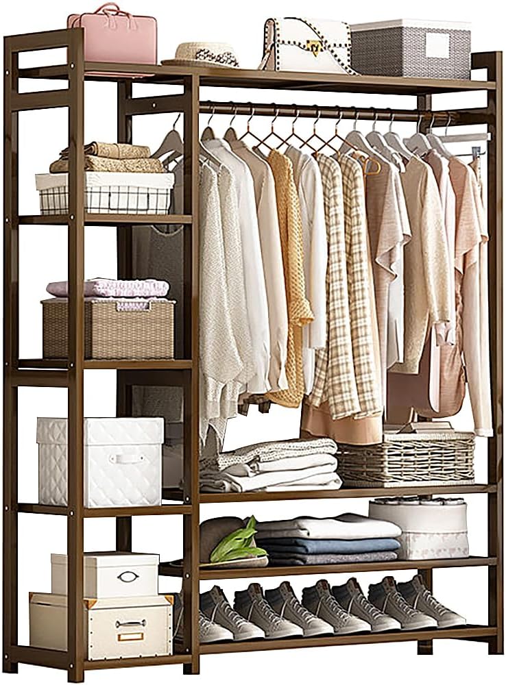 Floor-Standing Solid Wood Rotating Coat Rack，Portable Bamboo Clothes Rack - Versatile Closet Organizer with Storage Shelves and Compartments for Bedroom, Entryway, or Living Room - Stylish a I7558