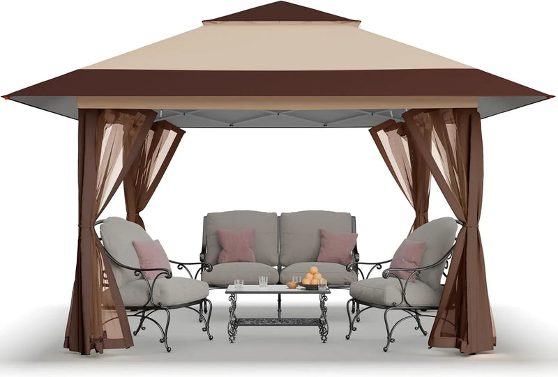 CROWN SHADES 13x13 Pop Up Gazebo, Canopy Tent, Gazebos on Clearance - Outdoor Gazebo for Backyard & Patio Furniture - Carpa Pop Up Tent with Wheeled STO-N-Go Cover Bag (Beige & Coffee) N8005
