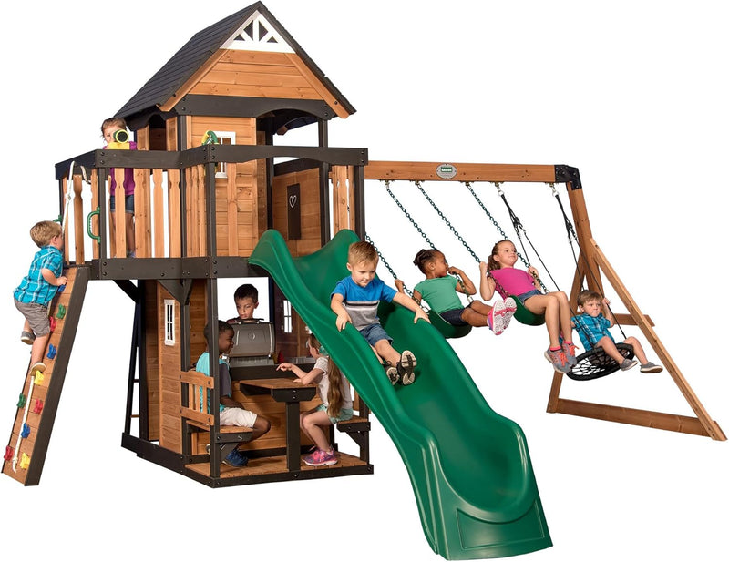 Gorge Creek Pure Pine Swing Set, Playhouse with Barbecue Grill, Plastic Utensils, Picnic Area, Steering Wheel, Double-Padded Swing, Rock Climbing Wall, Balcony, Terrace, Mesh Swing (Green Slide) P5196