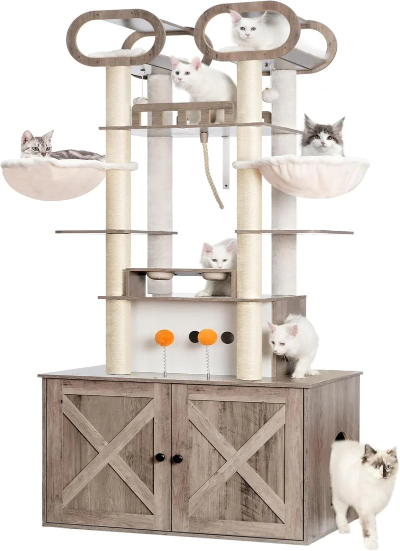 The Habori cat climbing frame with cat litter box storage box, a 76.8-inch wooden Menicos cat tower, equipped with a feeding station and a large platform, modern-style large cat apartment furniture, with a climbing column made of full C1694