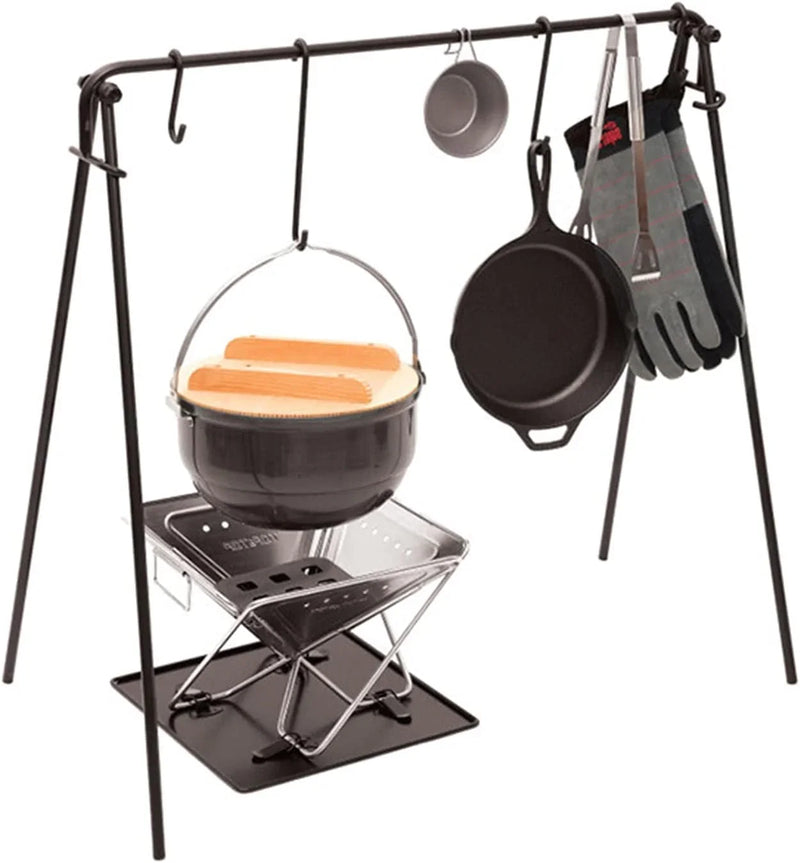 Grill Swing Campfire Cooking Stand BBQ Grill With Hooks & Accessories Bag For Outdoor Picnic Cookware & Dutch Ove (Color: Black, Size: 90x57x87cm) (Black 90x57x87cm) Z1773
